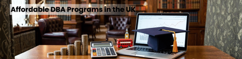 A professional graduate holding a doctoral degree in front of a classic UK university building, representing the cheapest DBA programs in the UK