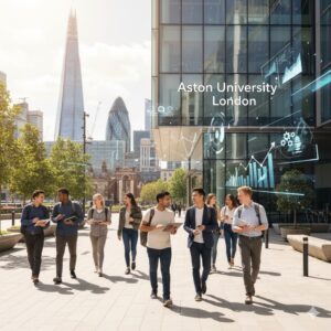 Exterior of Aston University London near Barbican diverse students, modern facilities, career-led business, data, AI and cybersecurity programmes.