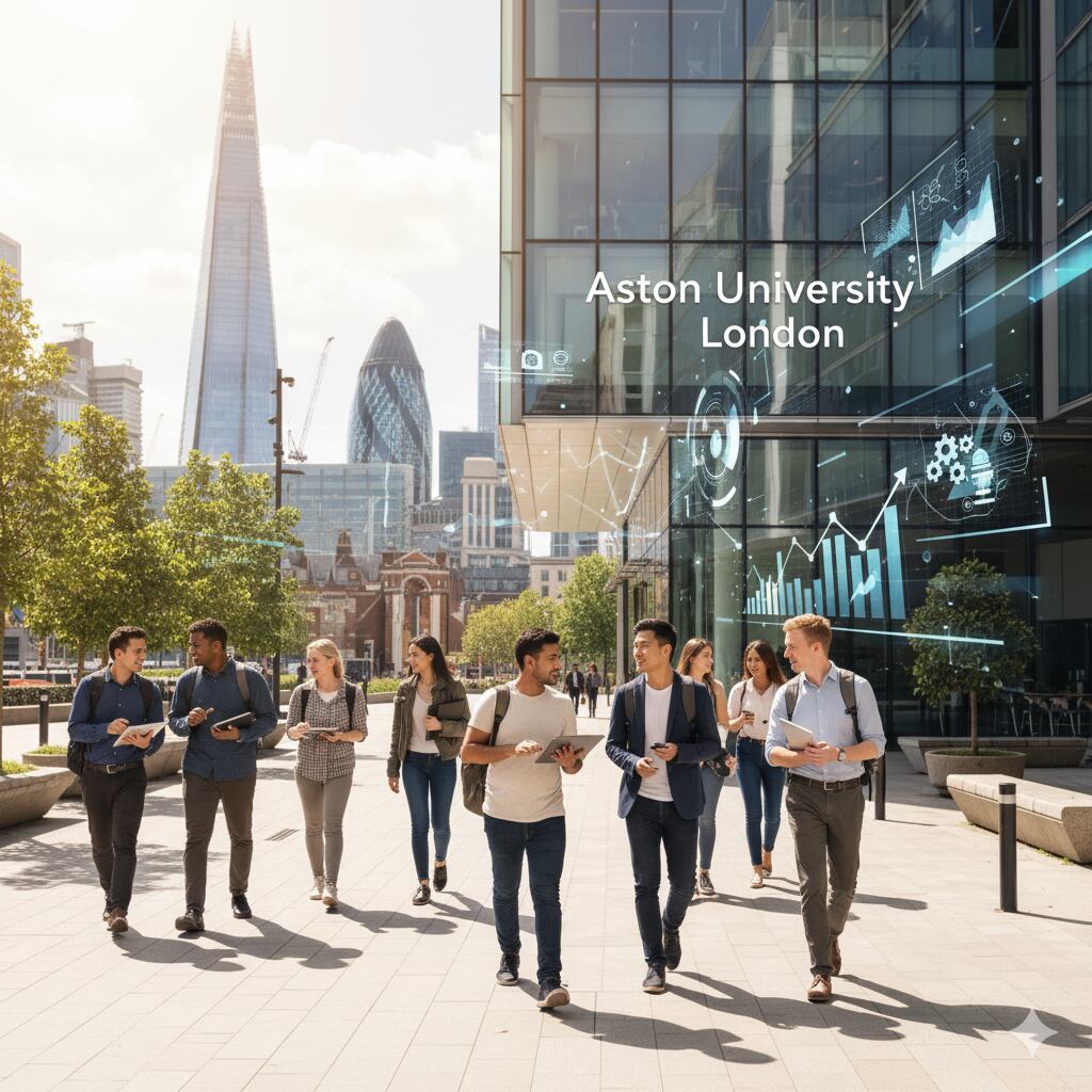 Exterior of Aston University London near Barbican diverse students, modern facilities, career-led business, data, AI and cybersecurity programmes.