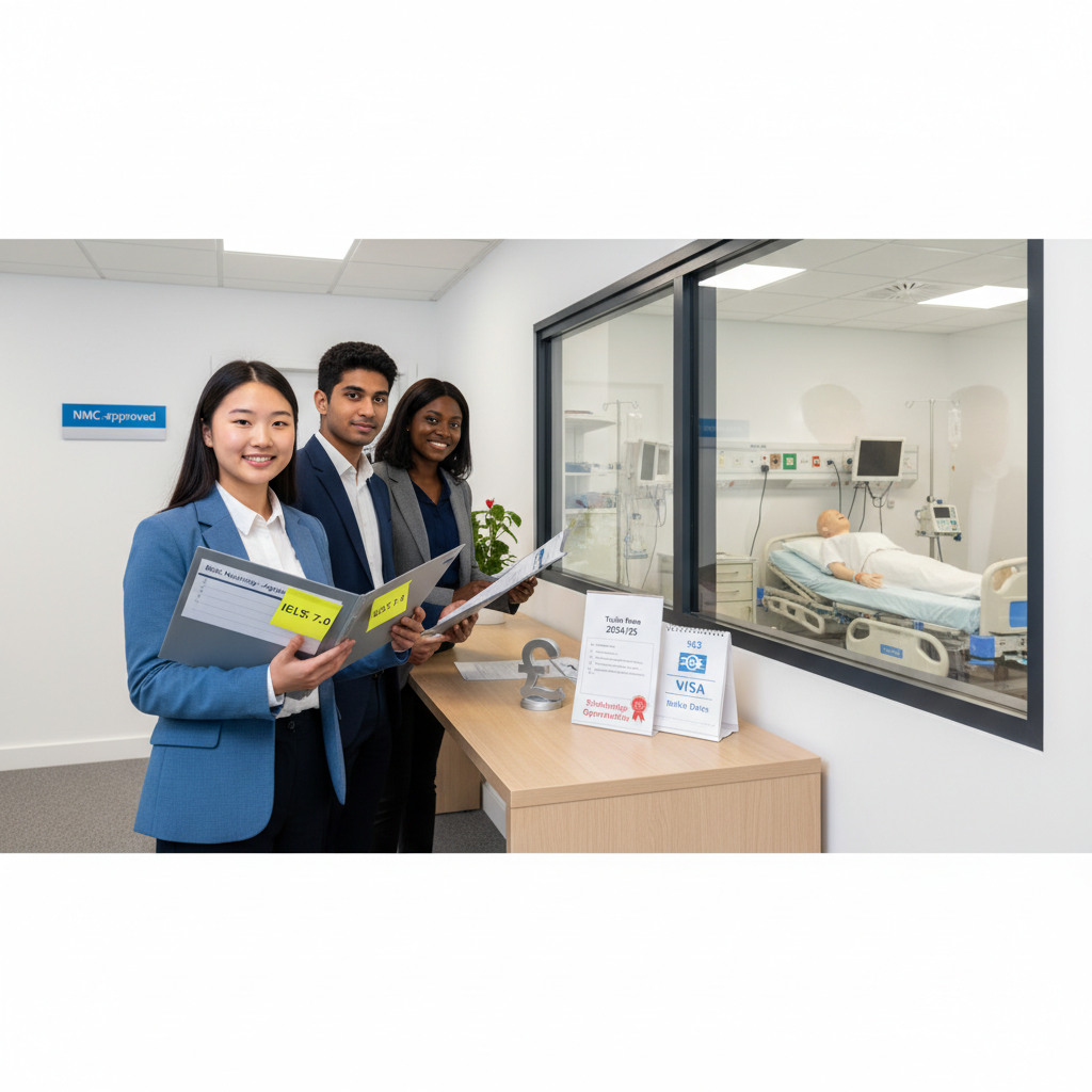 International student exploring UK BSc Nursing entry requirements, IELTS 7.0, scholarships, CAS deposit, visa funds, NHS jobs, clinical placements.