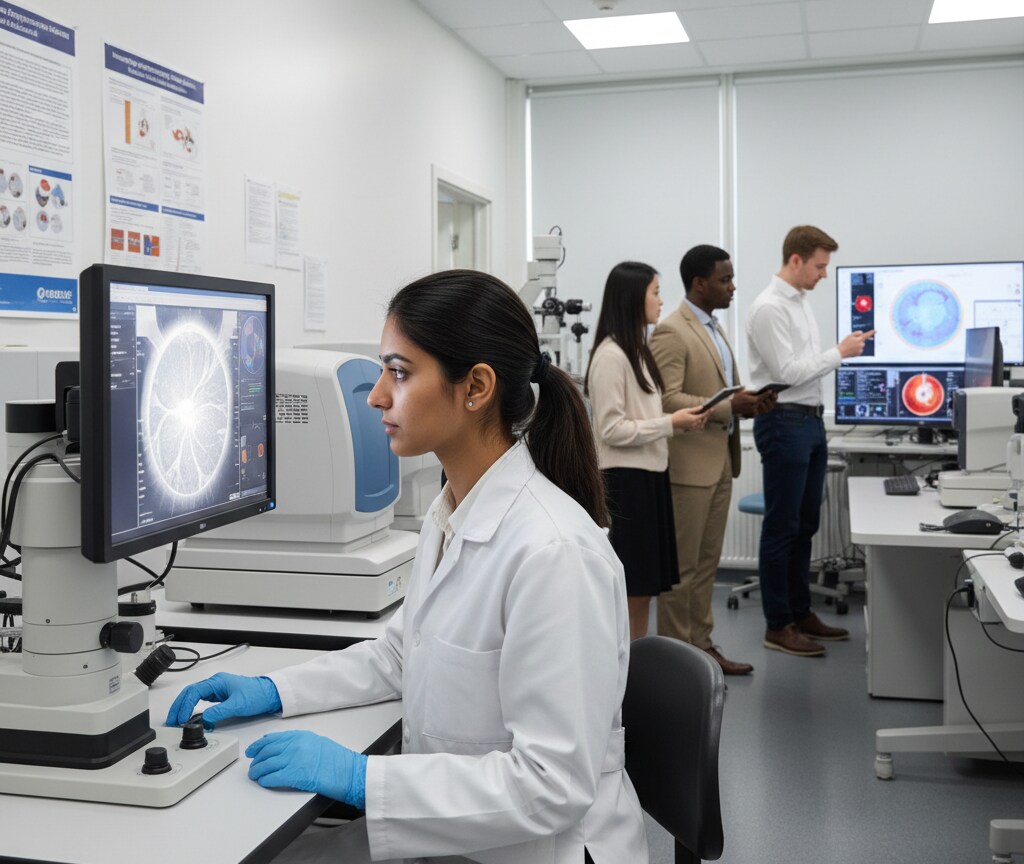 Pakistani student studying Investigative Ophthalmology and Vision Science at a modern UK university lab with advanced eye-imaging equipment.